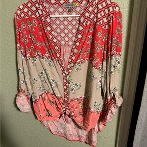 Floral Blouse, Salmon, Coral, and Kahki